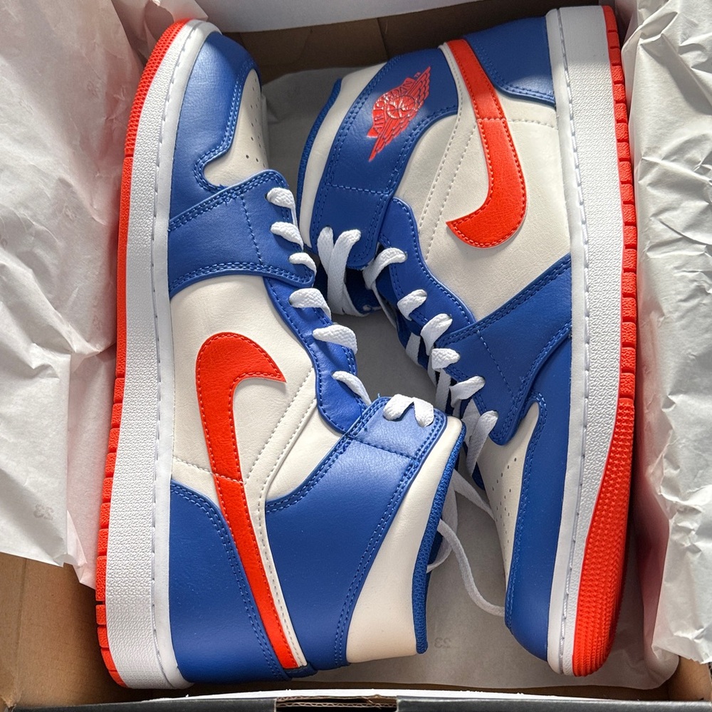 Brand New in Box Air Jordan 1 Mid Blue and White Sneakers with Orange Accents